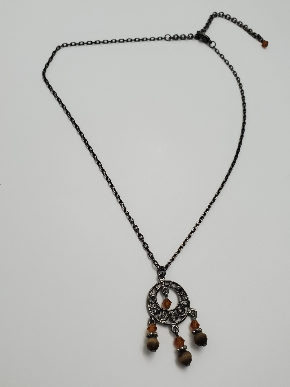 Vintage Style Black Metal Pendant Necklace with Brown Beads
